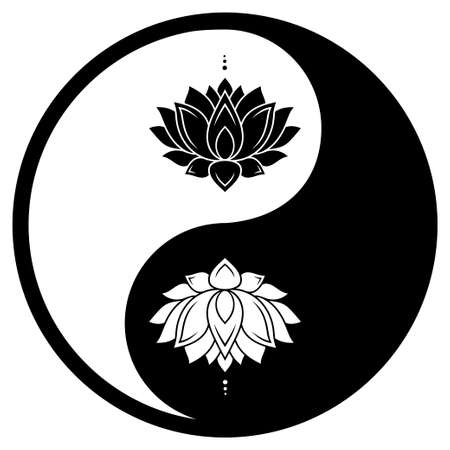 Circular pattern in form of mandala for Henna, Mehndi, tattoo, decoration. Decorative ornament in ethnic oriental style with Yin-yang symbol and Lotus flower. Outline doodle vector illustration.のイラスト素材