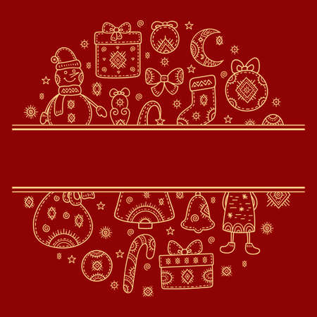 Christmas and New year greetings. Round decorative pattern made of holiday symbols. Snowman, gift, Christmas tree, deer, mitten, ball, stocking, bell, snowflake and other signs. Frame for inscriptionのイラスト素材