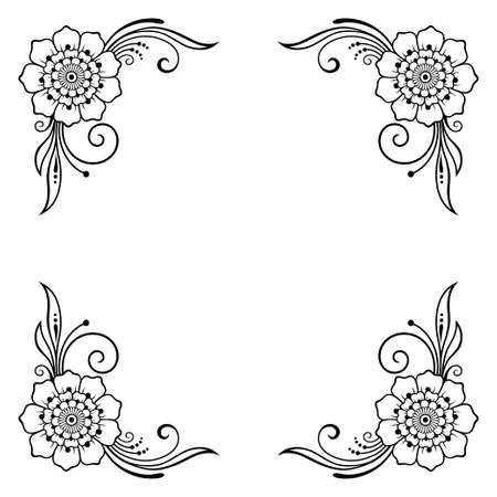 Stylized with henna tattoos decorative pattern for decorating covers for book, notebook, casket, magazine, postcard and folder. Flower in mehndi style. Frame in the eastern tradition.のイラスト素材