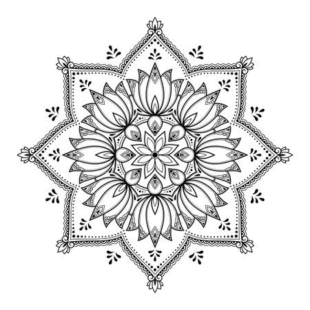 Circular pattern in form of mandala with Lotus flower for Henna, Mehndi, tattoo, decoration. Decorative ornament in ethnic oriental style. Outline doodle hand draw vector illustration.のイラスト素材