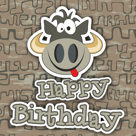 Cute happy birthday card with funny cow. Vector illustrationのイラスト素材