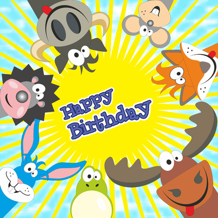 Sunny day with friends. Happy birthday card design.Birthday card with animals. Elk, cow, hedgehog, little mouse, fox, frog, rabbit. Vector illustration.のイラスト素材