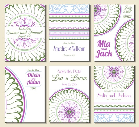 Set of perfect wedding card templates. Ideal for Save The Date, baby shower, mothers day, valentines day, birthday cards, invitations. Vector illustration vintage design.のイラスト素材