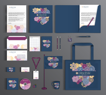 Blue corporate identity template design with floral pattern. Business set stationery.のイラスト素材