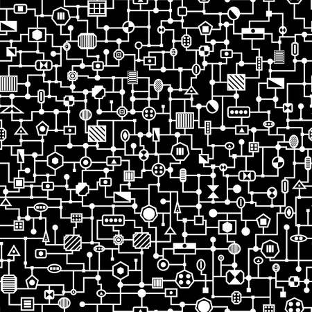Seamless hi-tech pattern. Electronic background. Black and white illustrationのイラスト素材