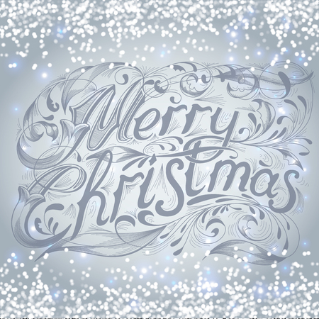 Merry Christmas  lettering design message. Christmas greeting card light and snowflakes vector background. Design and vintage ornament decoration.  Vector illustration.のイラスト素材