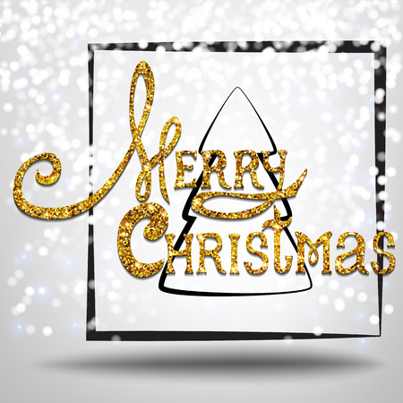 Gold glitter Merry Christmas  lettering design message. Christmas greeting card  with golden glittering vector background.のイラスト素材