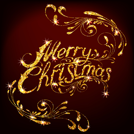 Gold glitter Merry Christmas  lettering design message. Christmas greeting card  with golden glittering background.のイラスト素材