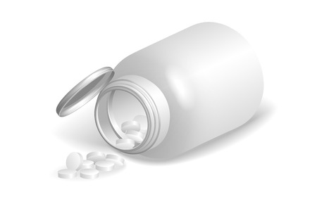 White matte plastic bottle with spilling pills on to surface.のイラスト素材