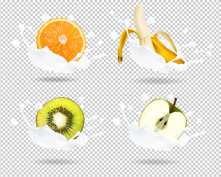 Set dessert of ripe fruit and cream. Banana, orange, kiwi, apple in milk splashes. 
Vector realistic illustrationのイラスト素材