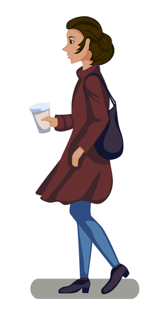 The girl in the burgundy coat is coming. Holds a glass of hot coffee. Vector cartoon illustrationのイラスト素材