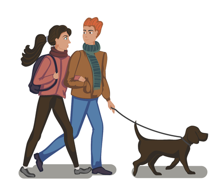 Character design. Couple man and woman is walking with a dog. Vector illustrationのイラスト素材
