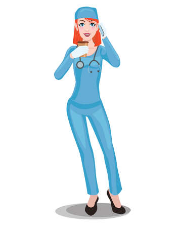 Redhead female doctor drinking coffee and talking on the phone.のイラスト素材