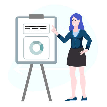 Smart happy smile office woman and flip chart paper board white board with chart graph. Business planning - flat design style colorful illustration isolated on white background.のイラスト素材