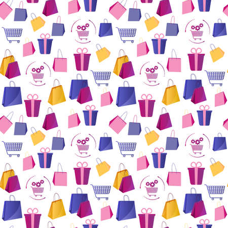 Colorful seamless pattern with shopping. Illustration in flat style with boxes and packagesのイラスト素材