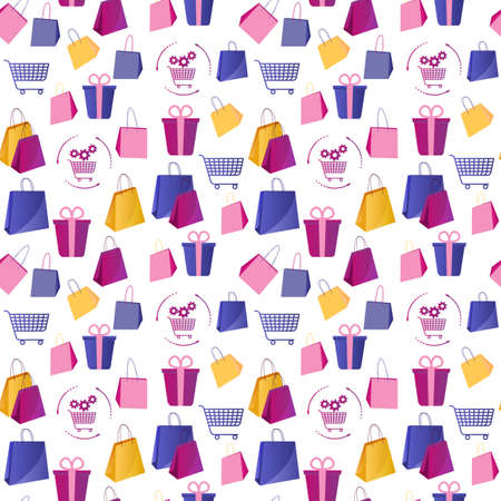 Colorful seamless pattern with shopping. Illustration in flat style with boxes and packages