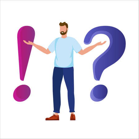 Metaphor question answer. Concept illustration of frequently asked questions of exclamation marks and question marks. Iillustration with a man and signs.のイラスト素材