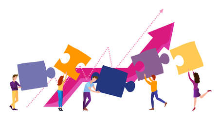 Team metaphor, people connecting puzzle elements. Symbol of teamwork, cooperation, partnership. Business concept, flat design style.のイラスト素材