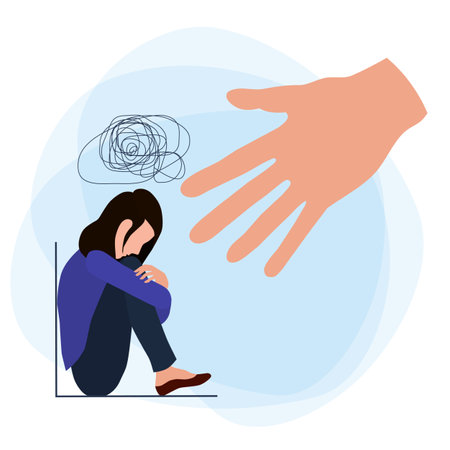 Woman is depressed with confused thoughts in her head. Helping hand. A young sad girl sits in the corner and hugs her knees unhappily.のイラスト素材