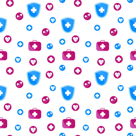 Colorful background of medical theme necklaces. Illustration in flat style with pills, heart, protective shield, first aid kitのイラスト素材