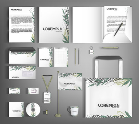 Corporate identity template with abstract and floral decor elements. Fashionable textures and strokes.のイラスト素材