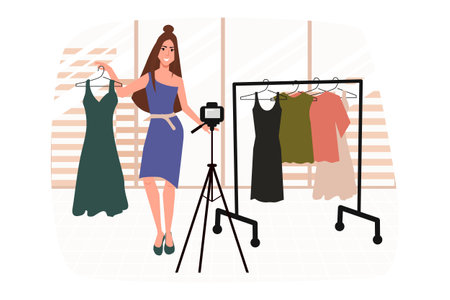 Fashion blogger. A beautiful girl demonstrates clothes for a stylist blog.のイラスト素材