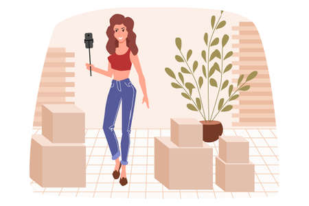 Blogger unpacking. The girl unpacks the boxes and reviews the packages on video.のイラスト素材