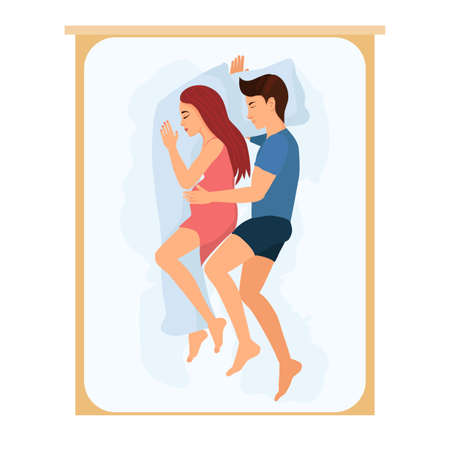 Married couple is sleeping, a pregnant woman and a man are hugging in one bed.のイラスト素材