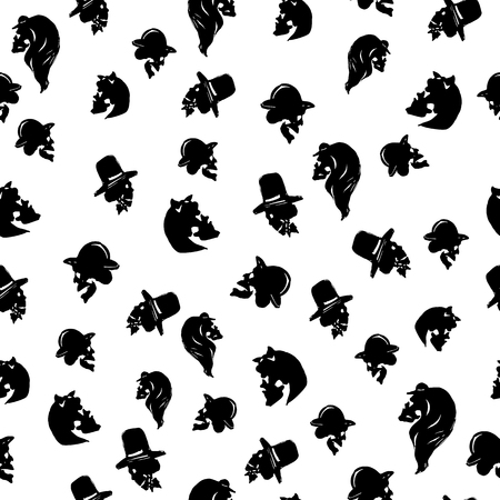 Male and female skulles in hats of different types. Black seamless pattern on white background. Isolated. Can be used for Halloween greeting cards, wrapping paperのイラスト素材