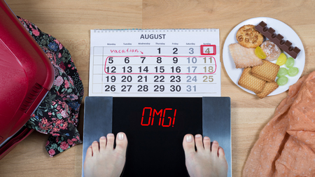 Digital scales with female feet on them and sign"omg!" surrounded by calendar, suitcase, clothes and sweets. Shows how unhealthy food affects our body. Concept of weight loss before vacation. Top view. Ratio 16:9の写真素材