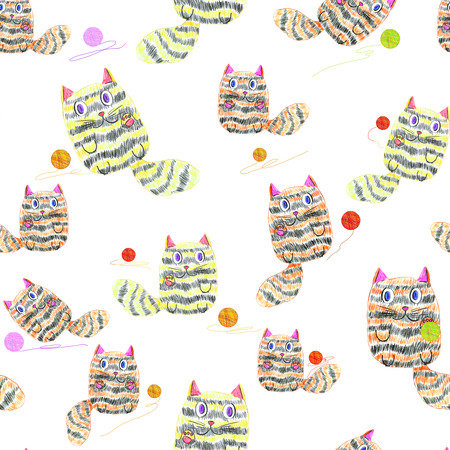 Seamless pattern with hand drawn cats playing with clews on white background. Children's pencil drawing simulation. の写真素材