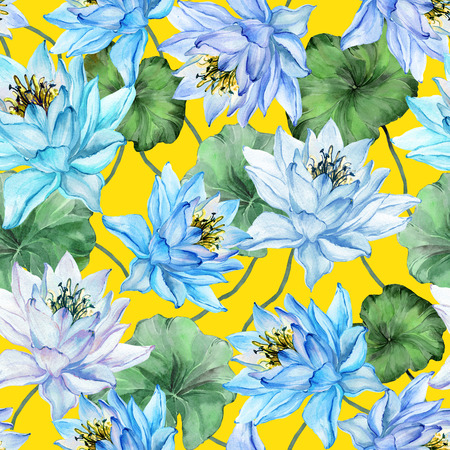 Beautiful floral seamless pattern. Large blue lotus flowers with green leaves on yellow background. Hand drawn illustration. Watercolor painting. Design of textile or wallpaper. の写真素材