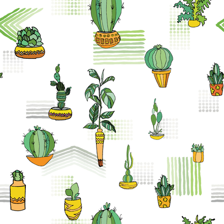 Different type indoor plants in cute flowerpots with traditional ornament. Seamless pattern. Vector illustration. Mexican style. のイラスト素材