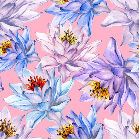 Beautiful tropical floral seamless pattern. Large blue and purple lotus flowers on pink background. Hand drawn illustration. Watercolor painting. Can be used as a design of textile or wallpaper. の写真素材