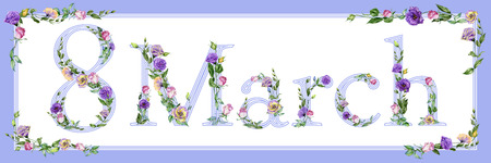 8 March greeting card. Sign 8 March decorated with beautiful rose and eustoma flowers in lilac...