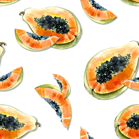 Seamless pattern with bright exotic papaya fruit on white background. Ripe papaya with black seeds cut in half . Watercolor painting. Hand drawn summer illustration. Wallpaper, fabric design.の写真素材