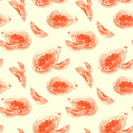 Seamless pattern with bright exotic papaya fruit on beige background. Ripe papaya with seeds cut in half . Watercolor painting. Hand drawn summer illustration. Wallpaper, fabric design.の写真素材