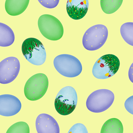 Seamless Easter pattern made of photos of hand painted henâs eggs. Closeup photos with eggshell texture. Happy Easter concept. Bright seasonal background.の写真素材