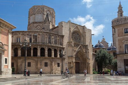 Valencia, Spain - July 2, 2019: The Metropolitan Cathedral Basilica of the Assumption of Our Lady of Valencia (Saint Mary's Cathedral). View from Plaza of the Virgin.のeditorial素材