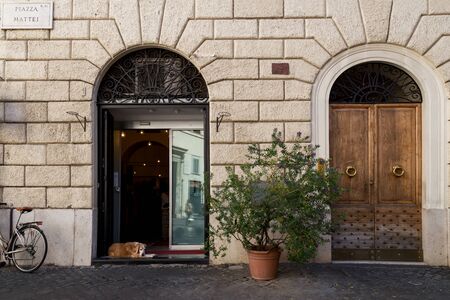 Rome, Italy - October 1, 2019: Lovely dog lying at the entrance of the shop. Pet-friendly place concept. Quiet Roman street with pavement, histiric building with old door.のeditorial素材