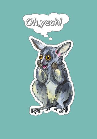 Cute animal galago stickers on a blue background. Hand painted illustrationの写真素材