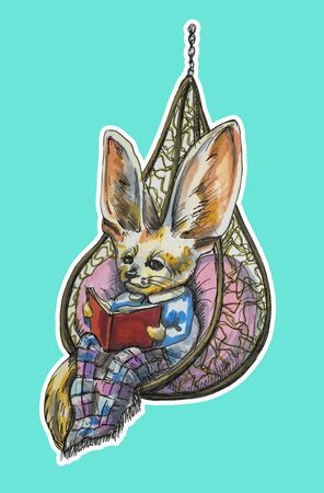 Funny fox fennec sticker on a blue background. Hand painted illustrationの写真素材