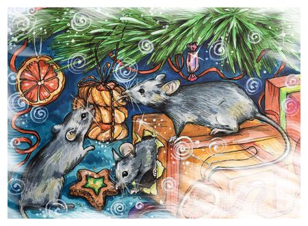 The mice under the Christmas tree with gifts eat cookies. Hand-painted illustrationの写真素材