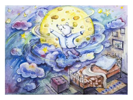 The mouse flies in a dream around the cheese moonの写真素材
