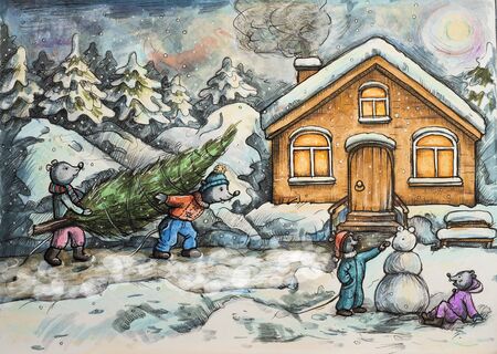 Mice are preparing to decorate the Christmas tree for the New year. Hand-painted illustrationの写真素材