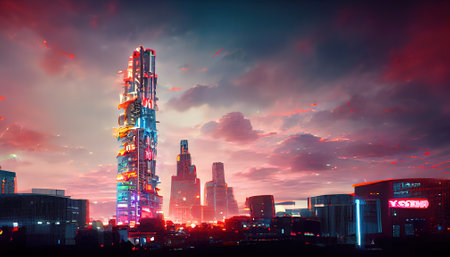 Surreal glowing metropolis. Fantastic city of the future. Alternative reality. Digital illustration.の写真素材