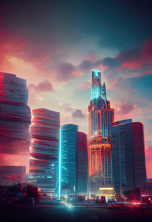 Glowing neon skyscrapers under cloudy sky. Surreal city of the future. Digital illustrationの写真素材