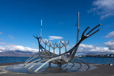 The Sun Voyager, a steel sculpture by JÃ³n Gunnar Ãrnarson on Reykjavik waterfront, that...