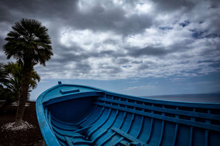 A wooden, blue boat with a view to Atlantic ocean, Tenerife, Spain.
Palm tree, cloudy sky and ocean...