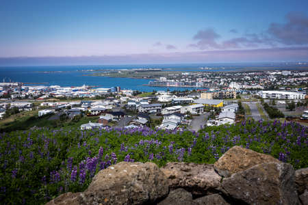 Reykjavik, Iceland - October 1, 2021:
Reykjavik suburbs in autumn, viewed from a rocky hill. White residential buildings, Mount Esja covered with snow. Blue sky with copyspace.のeditorial素材